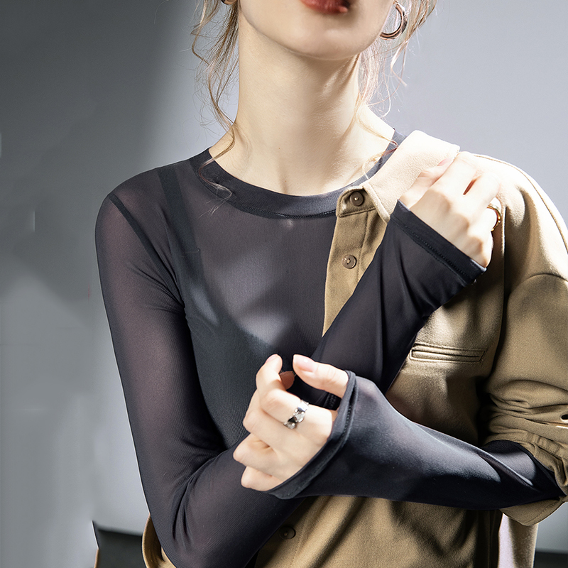 Black Round Neck See-Through T-Shirt for Women, Summer Sexy Lightweight Mesh Transparent Slim Long-Sleeve Base Layer Top for Layering