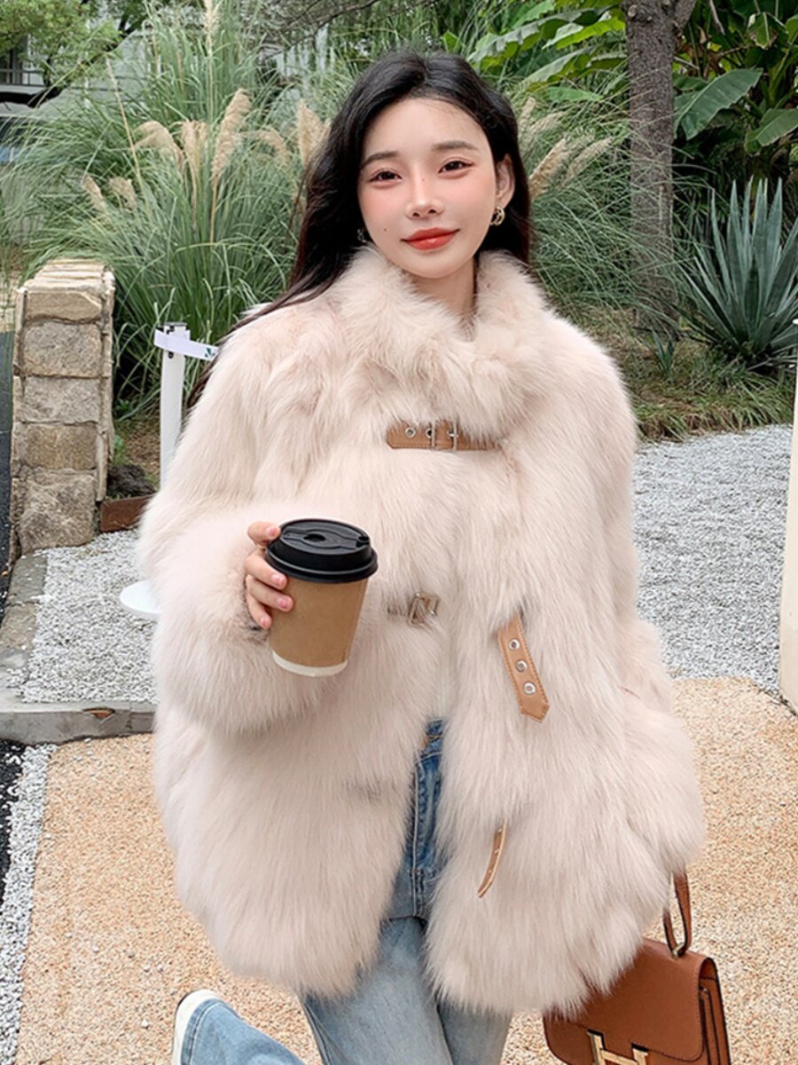 【美品】 ounce base fur collar coat オンス 韓国 Belted coat in cashmere wool with fox fur collar and lapel - beige