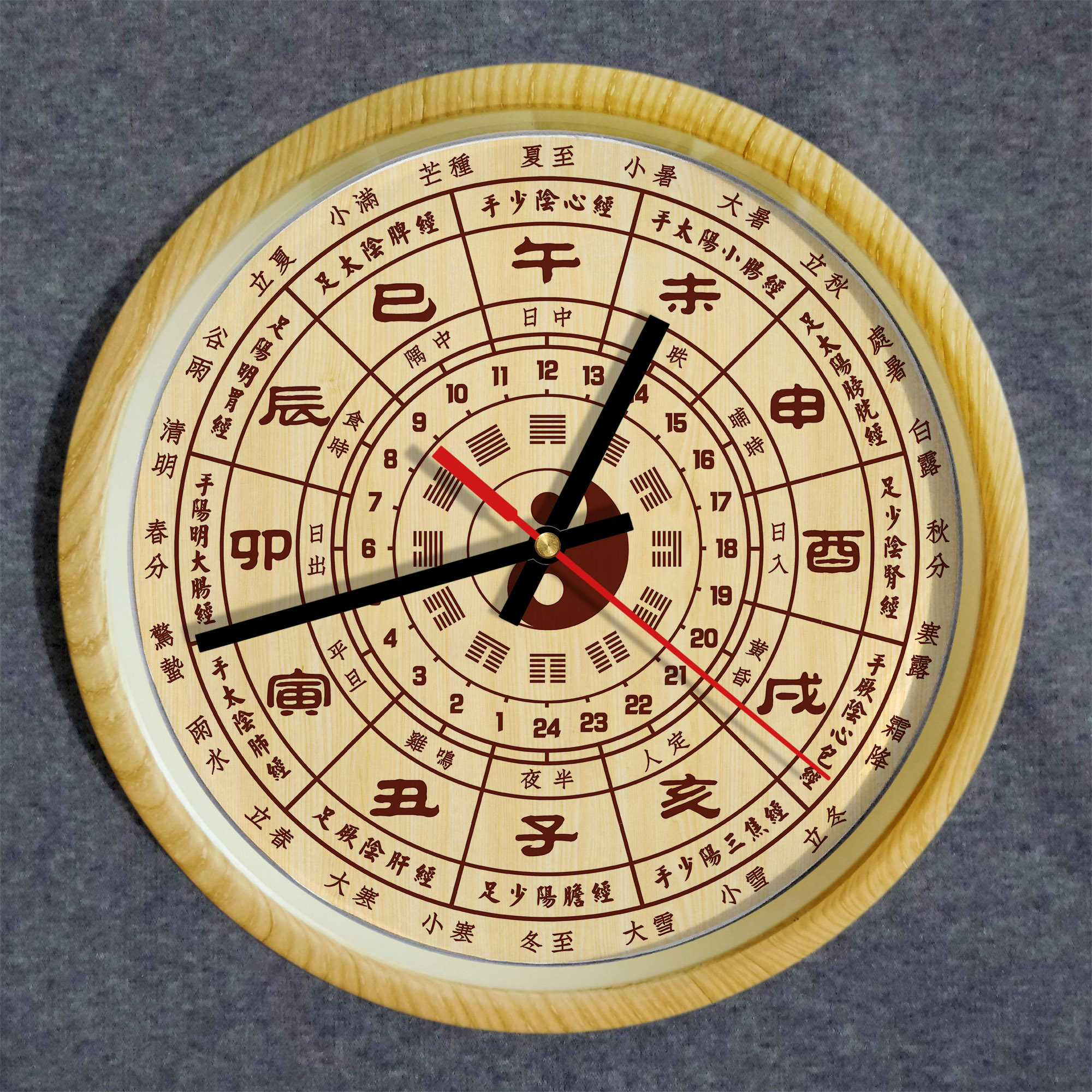 Solar term wall clock flow note twelve o'clock clock hour wall watch wood grain meridian 24 meridian system traditional Chinese medicine health care