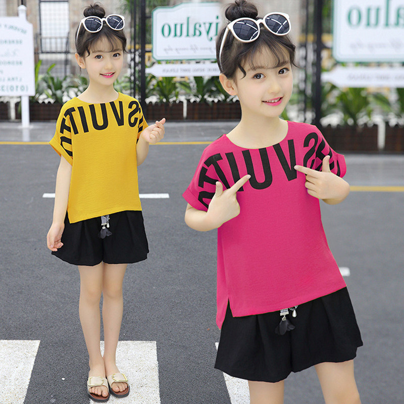 Korean girl net red suit Western style 2022 new middle-aged children's summer children's clothing girls fashionable printing two-piece suit