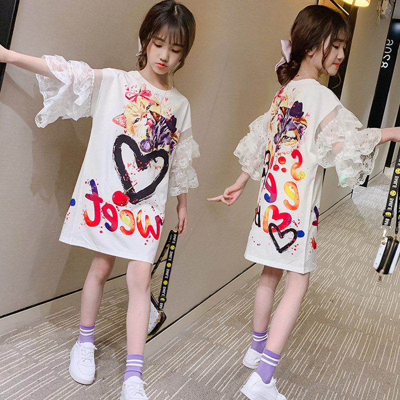 Korean girls summer dress Western style dress 2022 new middle-aged children's loose children's clothing long version short-sleeved t-shirt skirt
