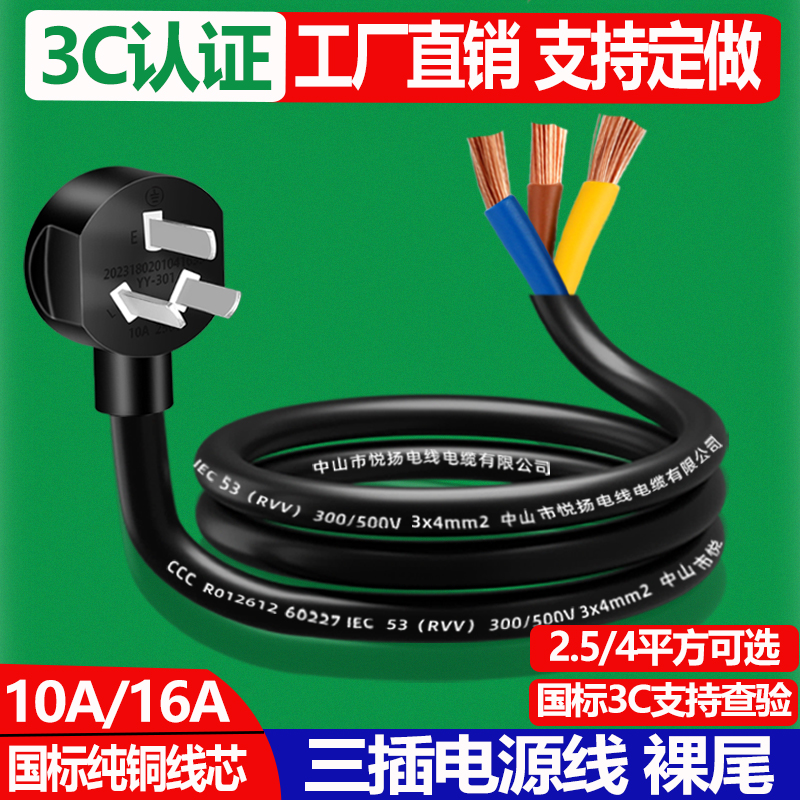 Pure copper high power 10A16a three-core power cord with plug 4 squared with plug power cord Three-insert single head