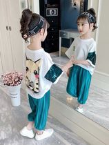 South Korean girl short sleeve suit 2022 Summer new foreign air trendy big child ice silk broadlegged pants two sets of damp