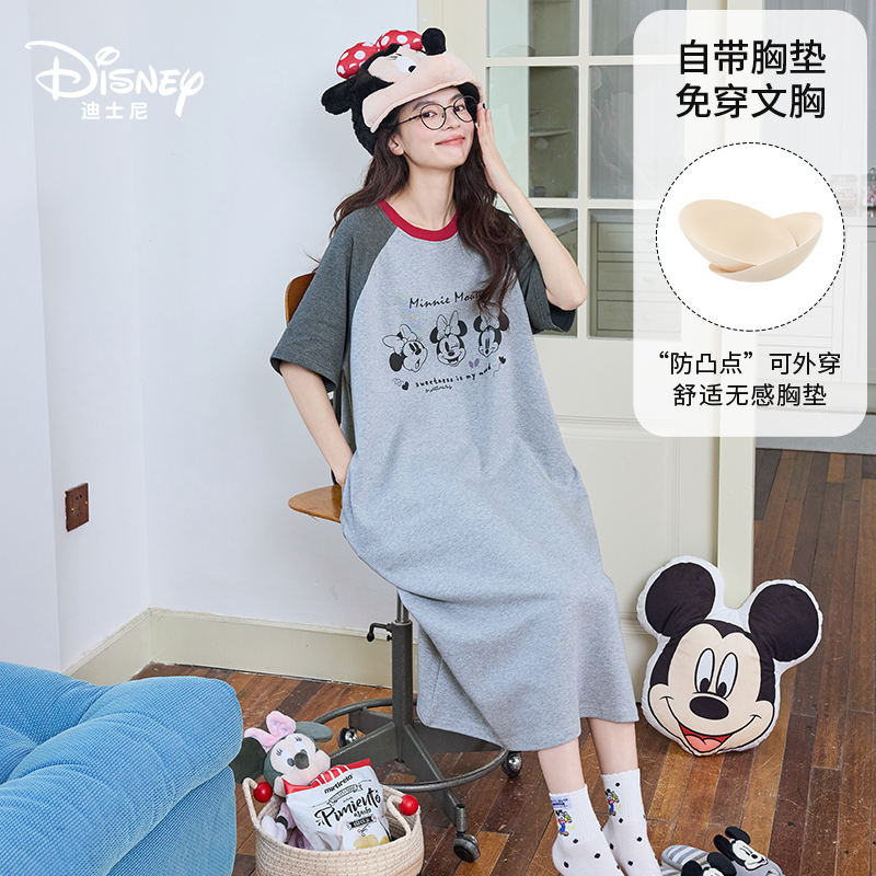 Disney Spring and Summer New Short-Sleeved Pure Cotton Nightgown Cartoon Animation with Chest Pad Comfortable Home Wear 0343