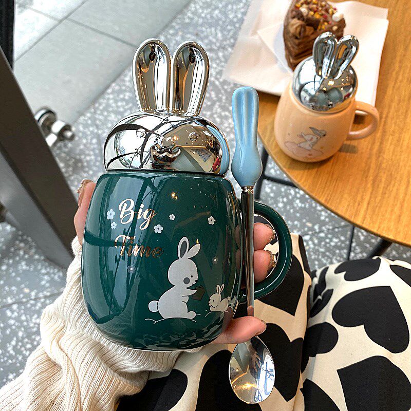 ins minimalist super cute mark cup pink young girl heart rabbit schoolgirl ceramic cup Korean style with lid water cup