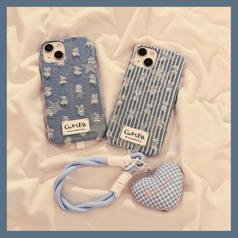 Korean and Japanese Niche Denim Canvas Phone Case for Apple 16 Pro Max, New Autumn/Winter ins Style, Creative High-End Women's Model for iPhone 14/13/15 Pro Max, Soft Silicone Protective Case with Lanyard