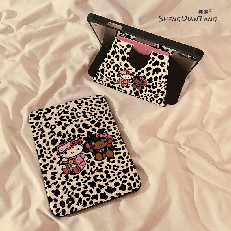 Leopard Print Cartoon Pajama Cat 720 Rotating iPad Air6 Protective Case 2024 New Model Suitable for Apple iPad 10 Protective Case Tablet Pro 11inch Air5 with Pen Slot 10.9 Female Model 10.2inch