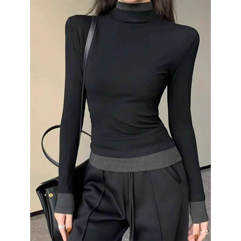 フェイクツーピースハーフハイカラー、右肩、女性用長袖Tシャツ、秋冬インナーレイヤリングシャツ、スリムフィット、タイトウエストトップス