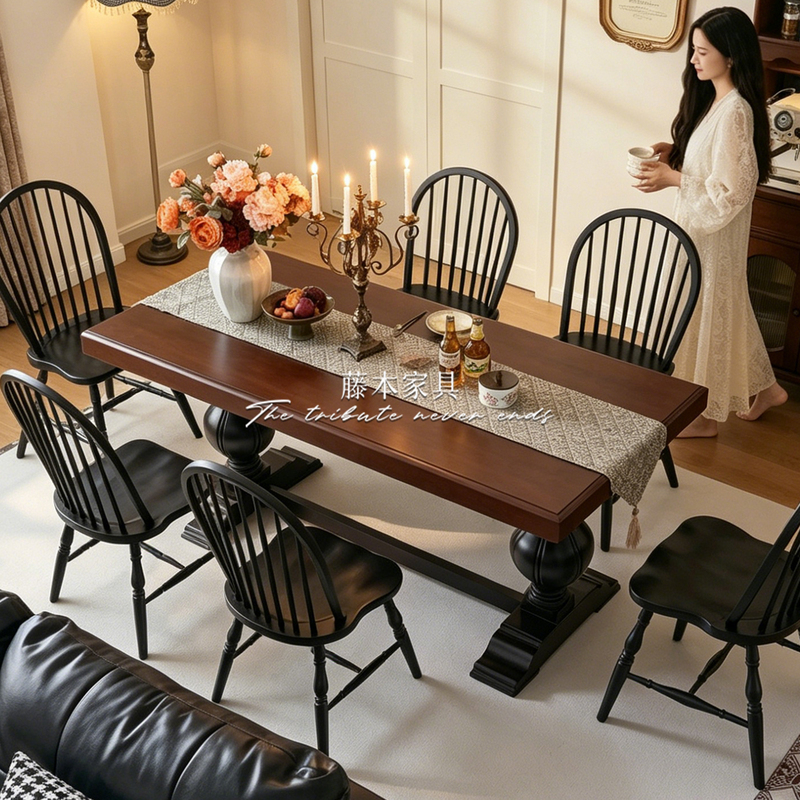Designer Dining Table and Chair Set, French Vintage Solid Wood, Mid-Century Style Long Table, American Country Style, 2026 New Model Dining Table