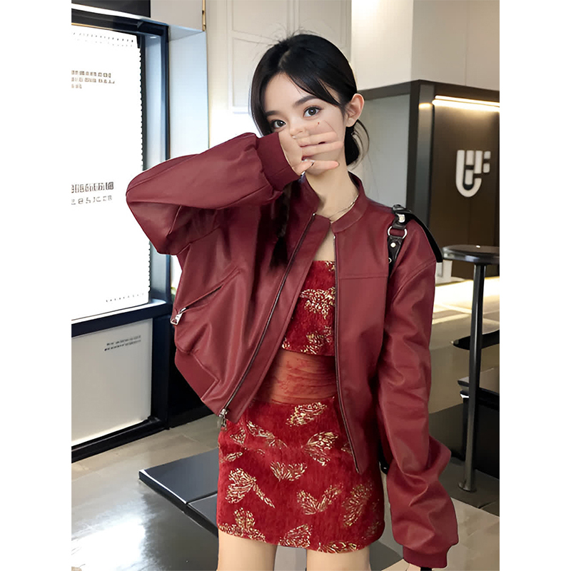 American Retro Red Short Pu Leather Jacket for Women, High-End Style, Petite Size, Autumn and Winter Stand Collar Biker Jacket Top