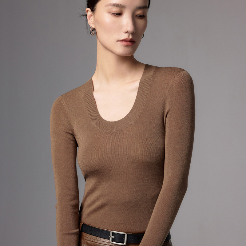 Real 18-Gauge! Machine Washable~ 100% Fine Imitation Wool Sweater Imported from Germany, Women's U-Neck Knitted Base Layer Thin Sweater
