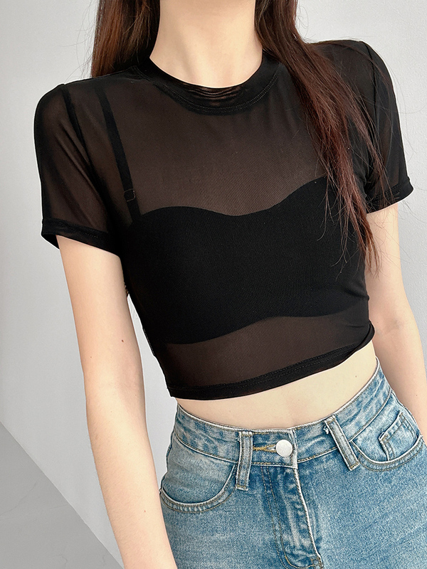 Ice Silk Mesh Base Shirt for Women, Summer Black Camisole Dress Inner Layer, Transparent Short-Sleeve Petite T-Shirt, Short and Tight-Fitting