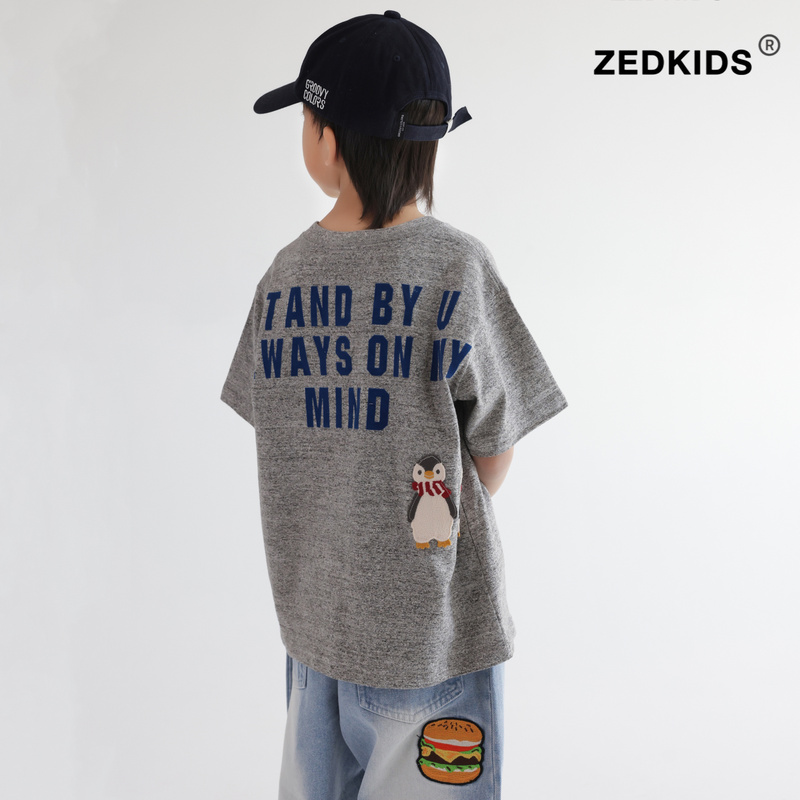 Children's Short-Sleeved T-Shirt Summer 2026 New Japanese-Style Penguin Patch Boys' Heather Gray Half-Sleeve T-Shirt Summer Top