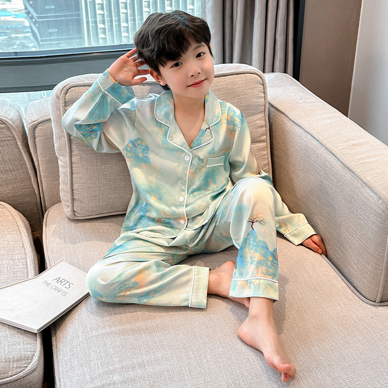 Mulberry Silk Children's Pajamas for Boys, Spring and Autumn 2025 New Style, Long-Sleeved Silk Loungewear, Chinese Style for Older Boys