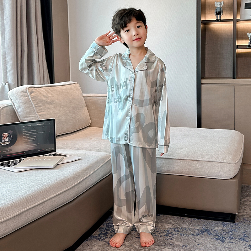 Mulberry Silk Boys' Silk Pajamas Spring and Autumn Long-Sleeved Loungewear Set 2025 New Model for Older Children Air-Conditioned Clothing