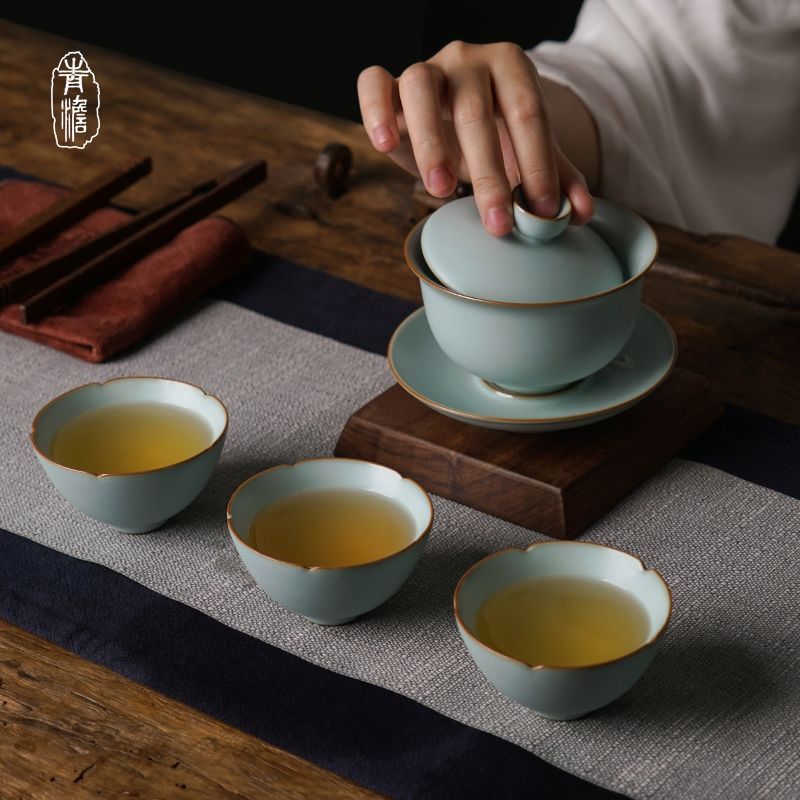 Ru Kiln cup cup set gift box Jingdezhen Ru porcelain kung fu tea set ice crack open piece can raise retro celadon