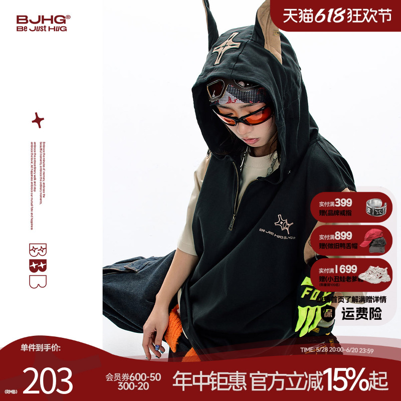 BJHG 無謀なドーベルマンフード付きベスト女性夏トレンディブランドノースリーブルーズアメリカンスポーツベストウエストコート男性