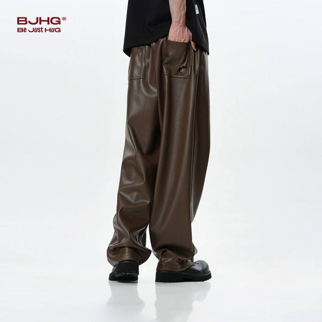 BJHG ກາງເກງຫນັງສີດໍາແບບຊະຊາຍຂອງຜູ້ຊາຍດູໃບໄມ້ລົ່ນແລະລະດູຫນາວບວກກັບ velvet ອົບອຸ່ນອາເມລິກາ retro ຮູບແບບໃຫມ່ windproof pants ແມ່ຍິງ