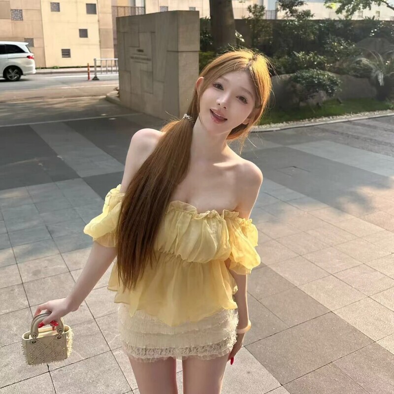 French-Style One-Shoulder Pleated Puff-Sleeve Shirt for Women, Summer High-End Niche Gentle Chic Sweet Top