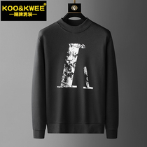 Autumn-winter mens T-shirt with undershirt long sleeve splicing and body embroidery trendy round collar plus suede and sweater thickened