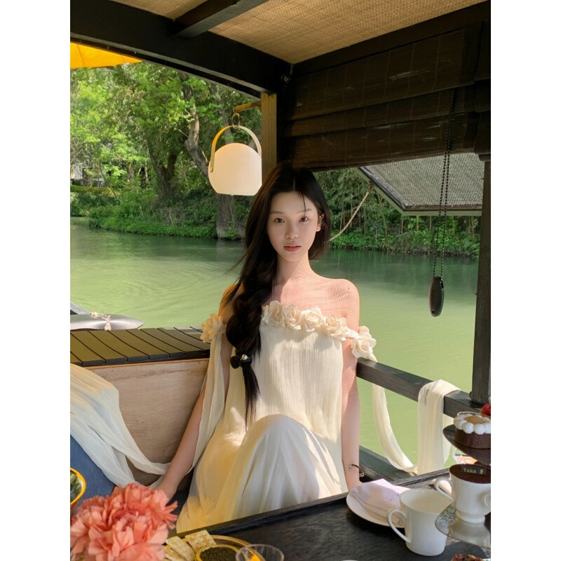 Exquisite White One-Shoulder Dress for Women, New Summer Style French Dressing Gown with Ribbons, Holiday Style Floor-Length Dress