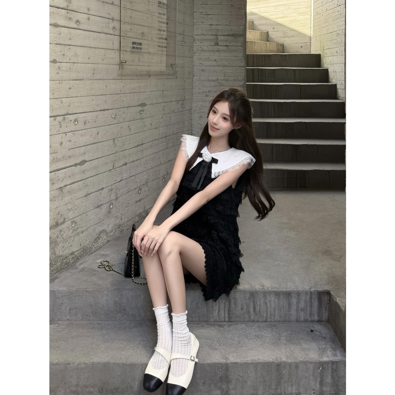 Exquisite Black Lace Little Black Dress for Women, New Summer Style, Miu-Style Birthday Dress, Tank Top Cake Dress