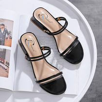 Two wearing sandals 2021 new female summer medium heel with rough heel fairy wind with cool drag black apricot small size womens shoes