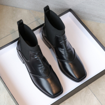 Real Leather Short Boots Woman Spring Fall Single Boots Leather Boots Thick Heel Chelsea boots Thin skinny boots Boots Small Code Women Boots