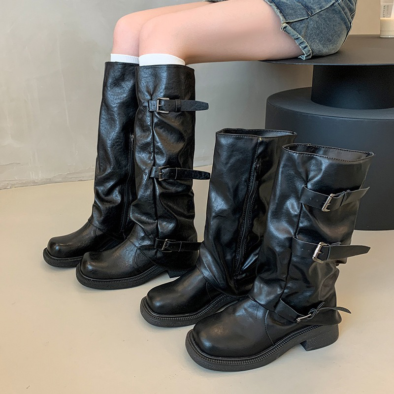 Genuine Leather Pleated Boots, Yabi Long Boots, Belt Buckle Mid-Calf Boots, Chunky Heel Riding Boots, Western Cowboy Martin Boots
