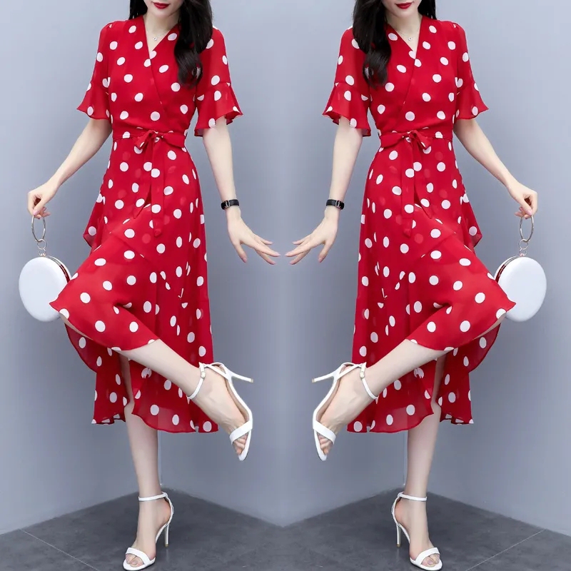 Polka Dot Fashion Dress for Women 2023 Summer New Style Waist-Cinching Slimming Elegant Irregular Mid-Length Dress Trendy Polka Dot Fashion Dress for Women 2023 Summer New Style Waist-Cinching Slimming Elegant Irregular Mid-Length Dress Trendy