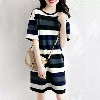 Medium and long version of loose large size striped half-sleeved top design sense short-sleeved t-shirt skirt female niche summer T-shirt ins tide
