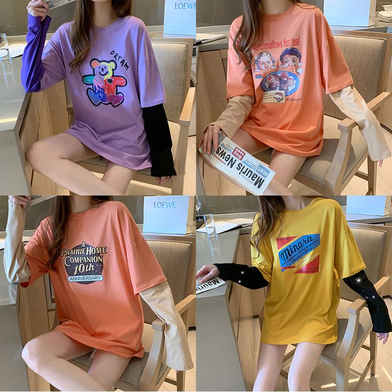 2022 original juku fitted with new long sleeves fake two pieces of letters printed T-shirt skirts female students loose Korean version of blouses
