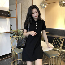 2022 Summer new temperament 100 lap single row with long and small fragrant wind to lean polo collar short sleeve one-piece dress