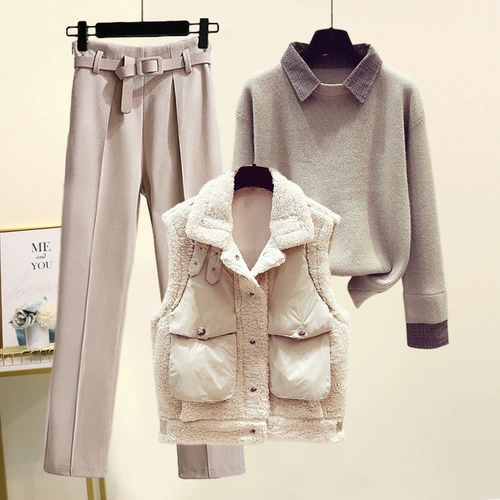 Зимний комплект, свитер, шерстяной жилет, штаны, городской стиль, 3 предмета, увеличенная толщина, свободный прямой крой