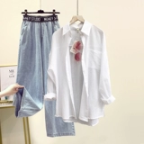 Летний тонкий комплект, тонкая рубашка, трикотажный жилет, джинсовые штаны, защита от солнца, высокая талия, 3 предмета