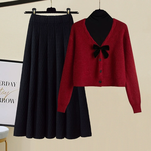 Милый демисезонный комплект, кардиган с бантиком, длинная юбка, в корейском стиле, V-образный вырез, средней длины