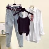 Рубашка, комплект, милые штаны, эффект подтяжки, защита от солнца, 3 предмета, коллекция 2021, в корейском стиле, в западном стиле