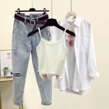 Рубашка, комплект, милые штаны, эффект подтяжки, защита от солнца, 3 предмета, коллекция 2021, в корейском стиле, в западном стиле