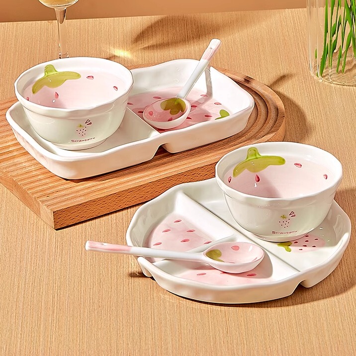 Ceramic High-Quality Children's Breakfast Plate with Compartments, Single-Serving Plate 211, Household Underglaze Color, Weight-Loss Tableware, Plate and Bowl