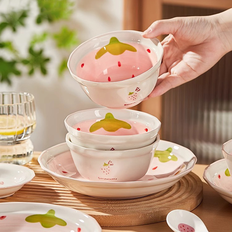 Cute Girly Strawberry Ceramic Bowl Dining Bowl and Plate Tableware Set High-Value Small Bowl for Home Use 2026 New Model