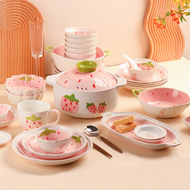 High-Quality Strawberry Bowl and Plate Set, Cute Ceramic Tableware for Home Use, Bowls, Plates, Chopsticks, Housewarming Gift, Wedding Gift