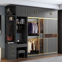  Solid wood sliding door wardrobe Modern simple multi-layer board sliding door wardrobe household bedroom small apartment sliding door large wardrobe