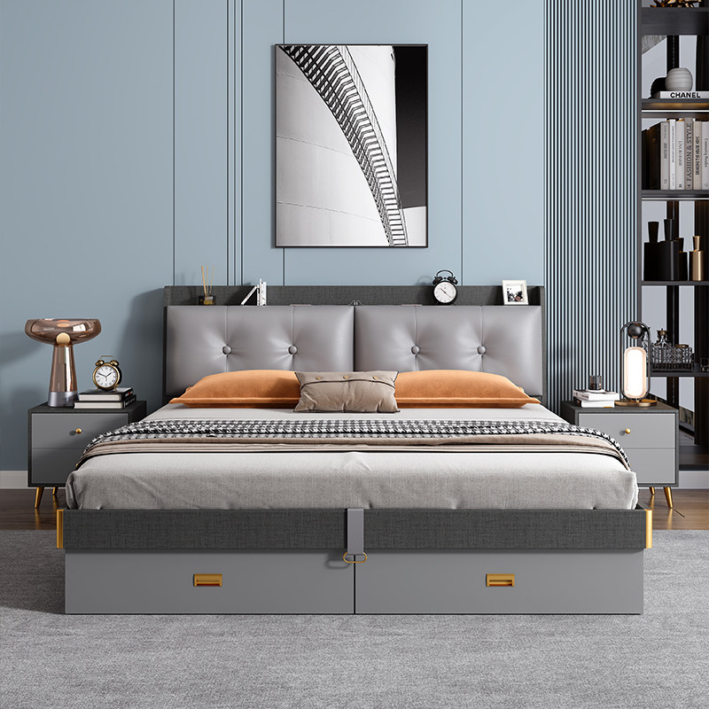 Nordic Solid Wood Bed Light Extravagant Modern Simple Minimalist High Case Containing Bed Double Bed Master Bedroom Tatami Multifunctional Containing Bed