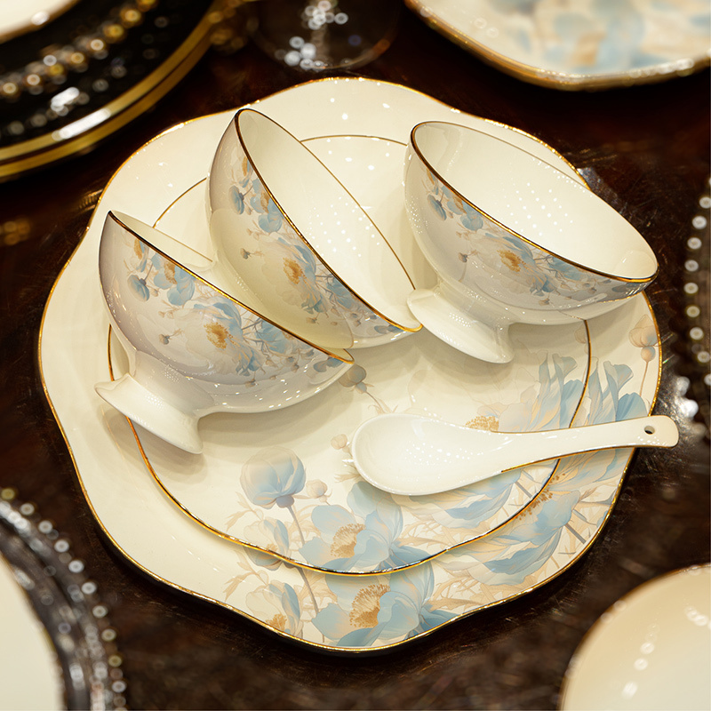French-Style Bone China Tableware, Light Luxury and High-End Feel, Jingdezhen Ceramic Bowl and Plate Set, Home Use, Housewarming Gift Box, Housewarming Gift