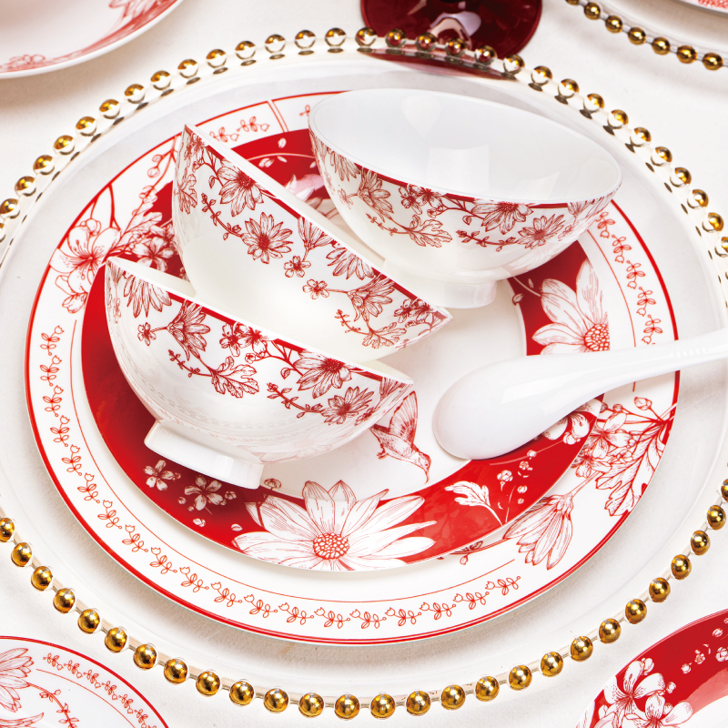 Zhai Meipin Red Wedding Gift Bowl and Plate Set, Household Wedding Tableware Set, High-End Gift Box for Housewarming