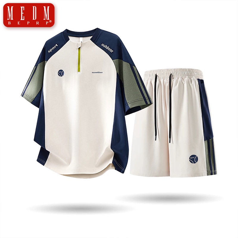 Medm Beprp Half-Zip Color-Blocked Henry Collar Sun Protection Sportswear Men's and Women's Short-Sleeved T-Shirt with Matching 5-Point Pants Medm Beprp Half-Zip Color-Blocked Henry Collar Sun Protection Sportswear Men's and Women's Short-Sleeved T-Shirt with Matching 5-Point Pants