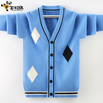 Boys sweater cardigan jacket autumn 2021 new childrens spring and autumn knitwear middle and large childrens V-neck Korean western style