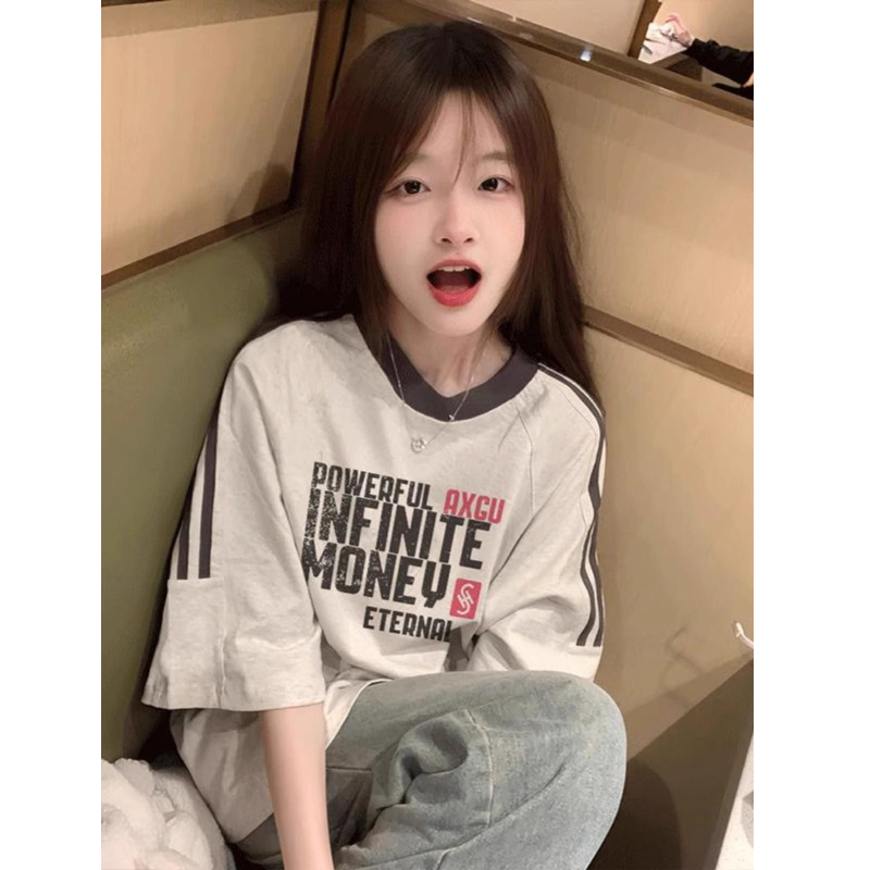 Junior High School Students' Pure Cotton Three-Stripe Short-Sleeve T-Shirt for Girls, 2026 New Summer Style, Loose and Versatile Top for Older Students, Thin