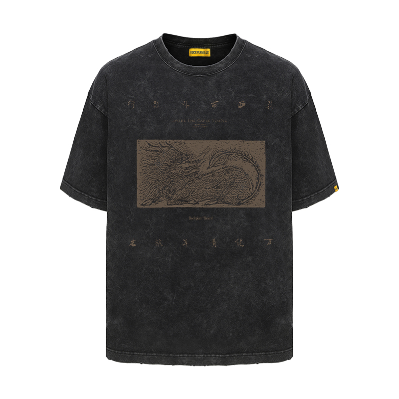 Rock Project Wanqing Hebei Moqilin Printed Short-Sleeve T-Shirt, Chinese Trendy High Street Heavyweight Pure Cotton Band Retro Men's