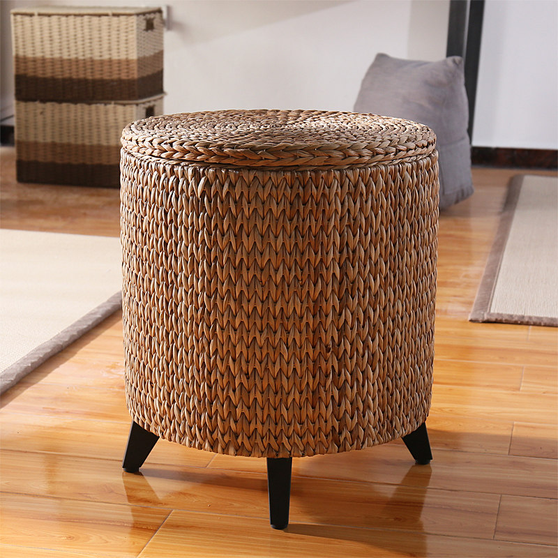 Nordic minimalist rattan storage stool storage stool round solid wood rattan shoe stool storage box pastoral rattan stool